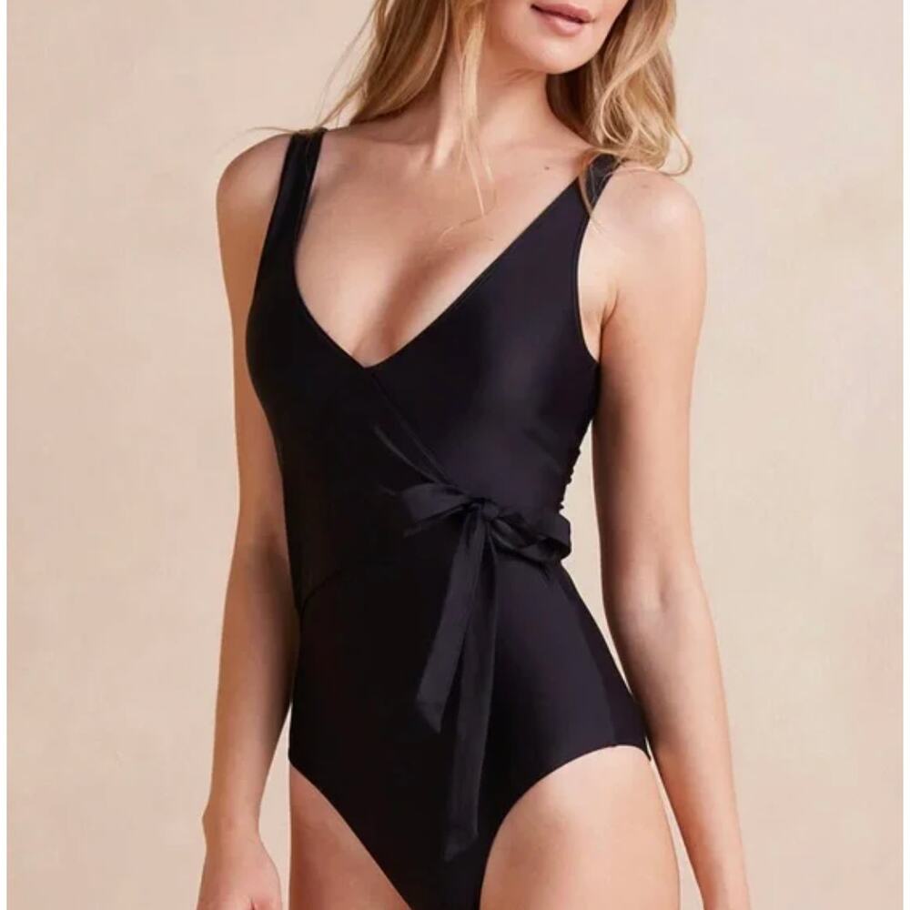 SUMMERSALT Black One Piece Faux Wrap Swimsuit Women's Size 10 The Perfect Wrap
